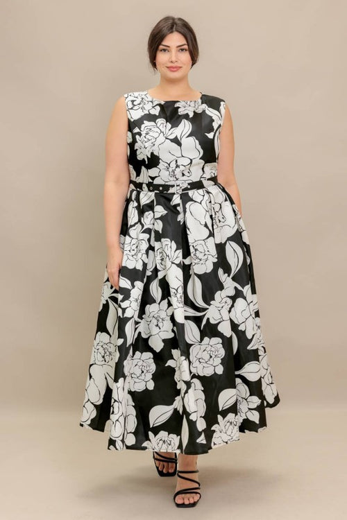 Curvy Black & White Floral Belted Dress