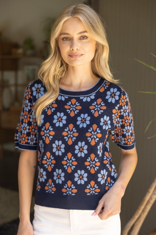 Navy Patterned Knit Top