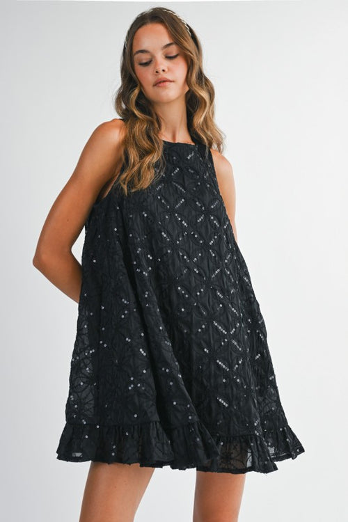 Pearl Button Sequin Shift Dress