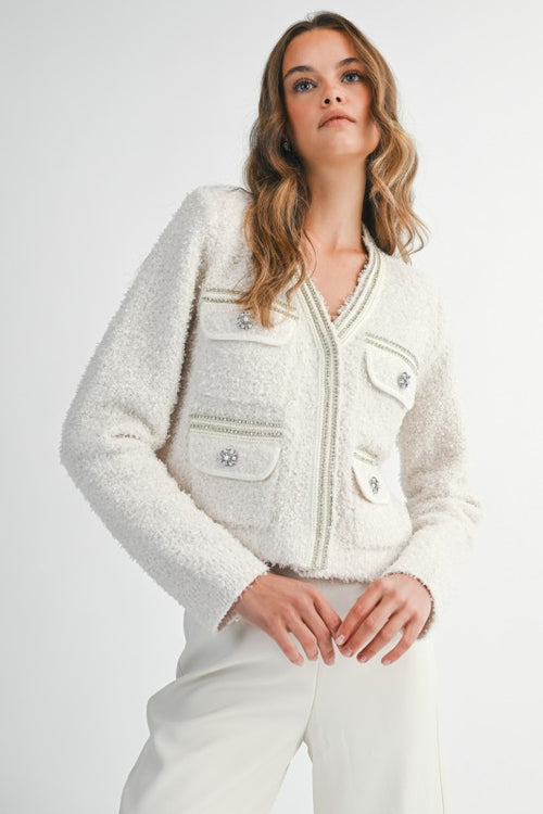 Rhinestone Embellished Cream Knit Jacket