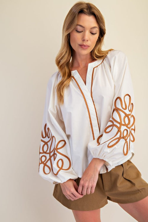 Ivory and Camel Trim Blouse