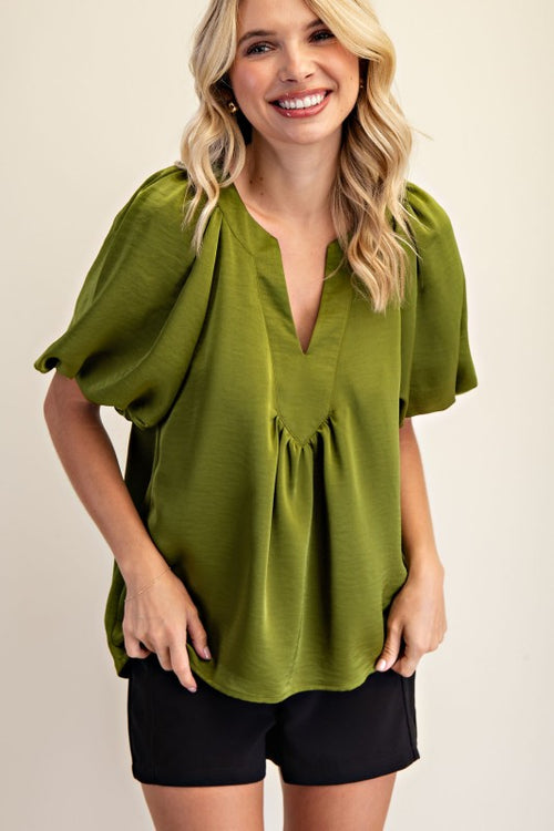 Silky Olive Puff Sleeve Top