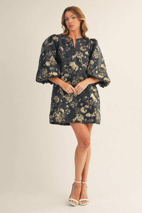 Black and Gold Floral Jacquard Dress