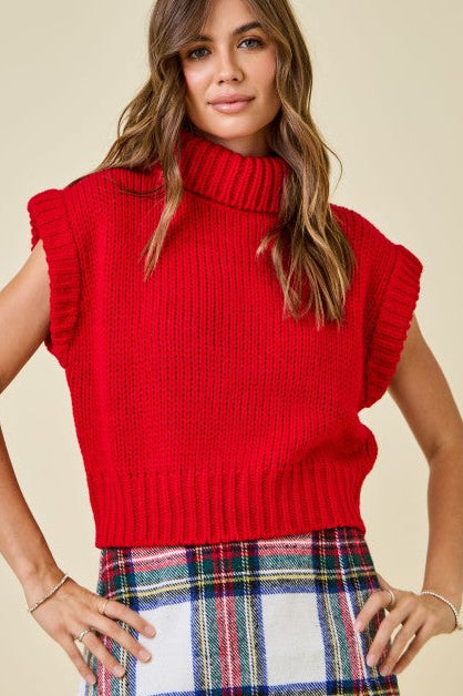 Red Turtleneck Crop Knit Top