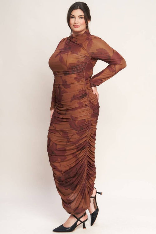 Ruched Floral Mesh Dress