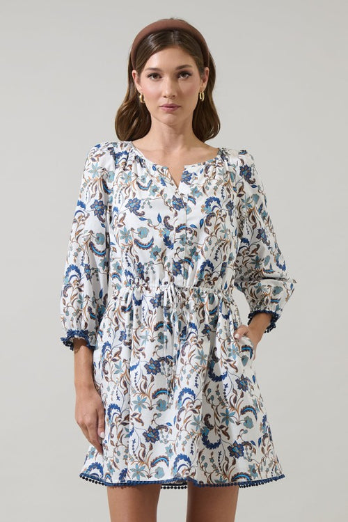Blue and White Drawstring Waist Dress
