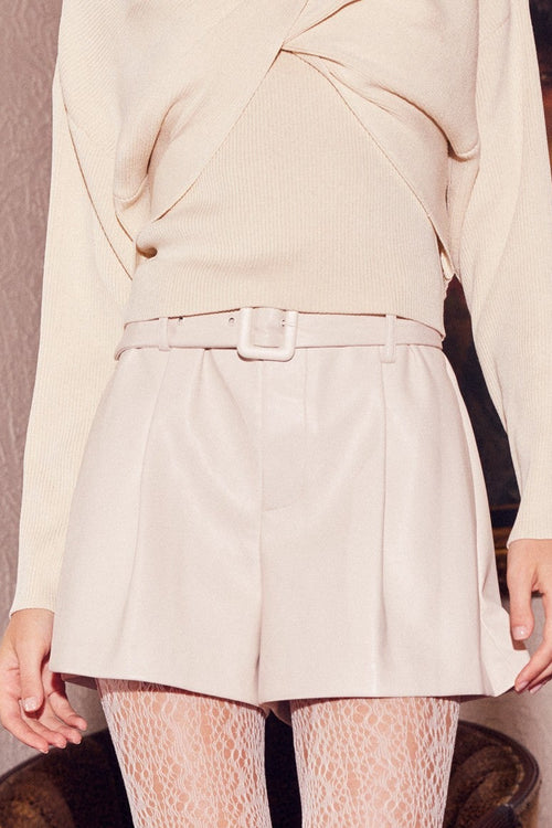 Ivory Faux Leather Belted Shorts
