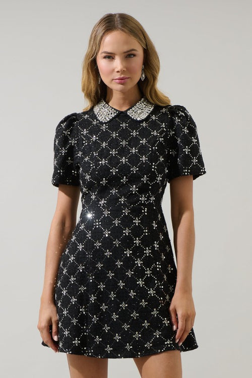 Black Tweed Rhinestone Collar Mini Dress
