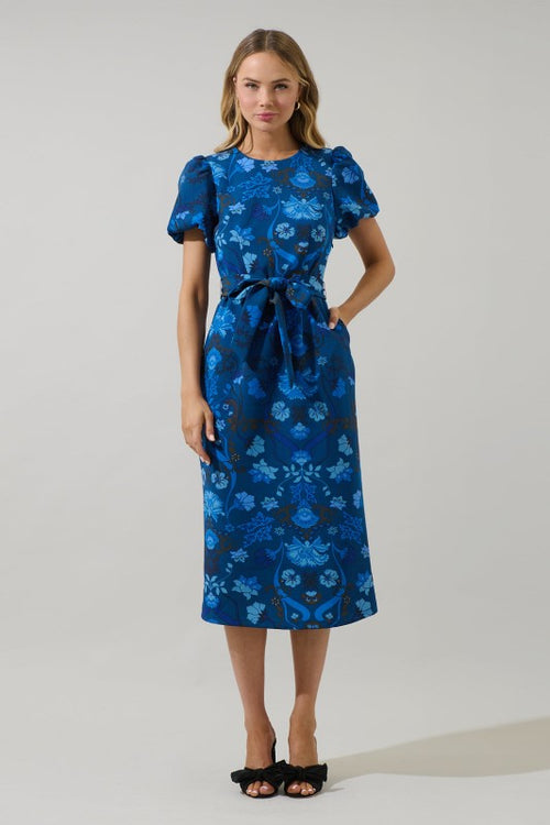Blue Floral Puff Sleeve Midi Dress