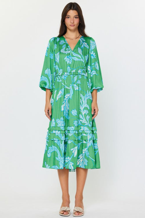 Green and Blue Pattern Midi Dress