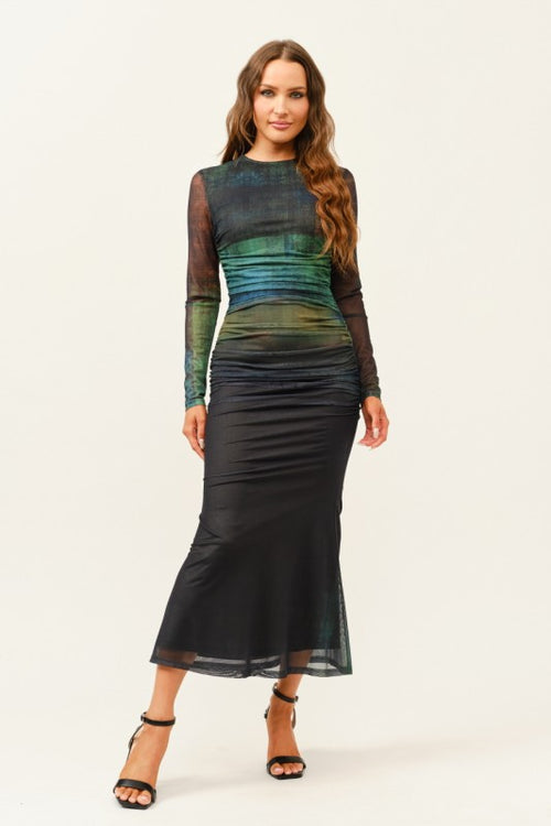 Mesh Ruched Long Sleeve Dress