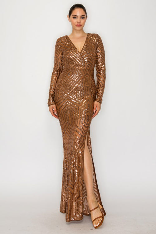 Sequin Mesh Long Sleeve Gown