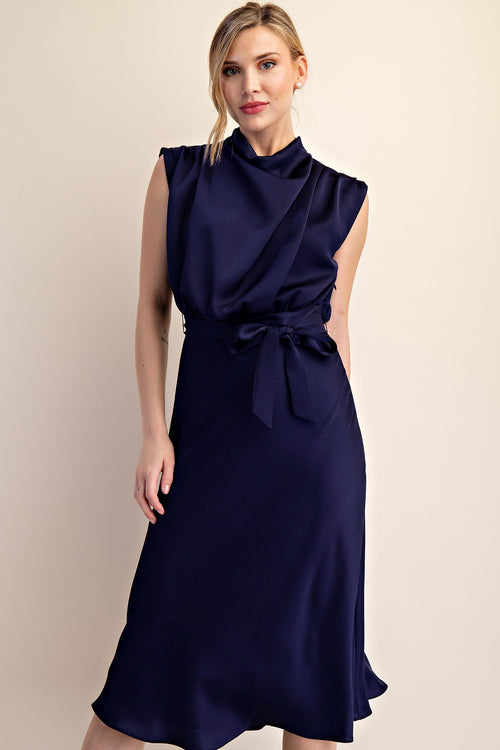 Navy Satin Midi Dress