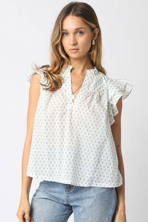 White and Blue Flower Print Top