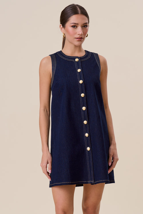 Gold Button Denim Mini Dress