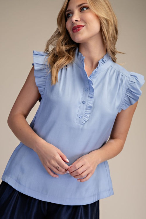 Blue Ruffle Trim Top