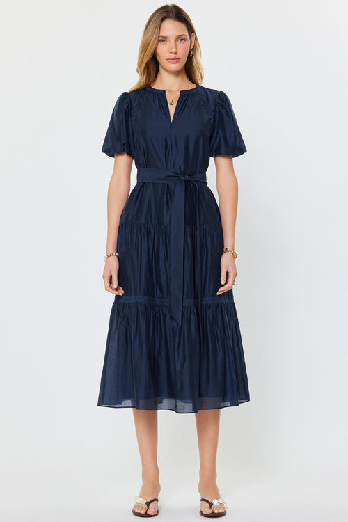 Navy Tie Waist Midi Dress