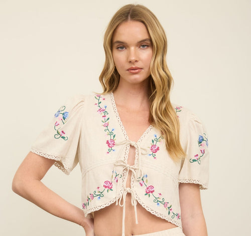 Embroidered Tie Front Top