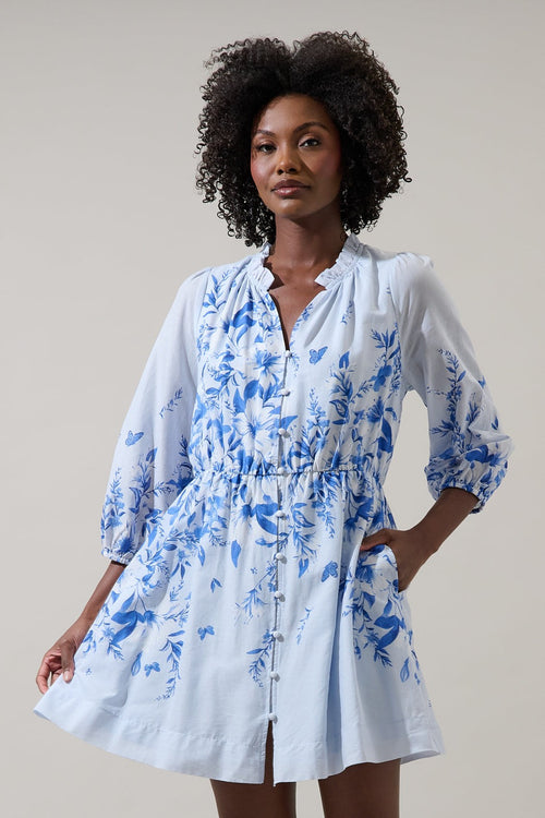 Blue Floral Button Front Dress