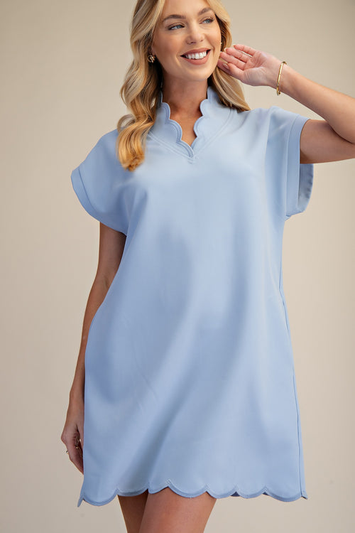 Blue Scallop Trim Mini Dress