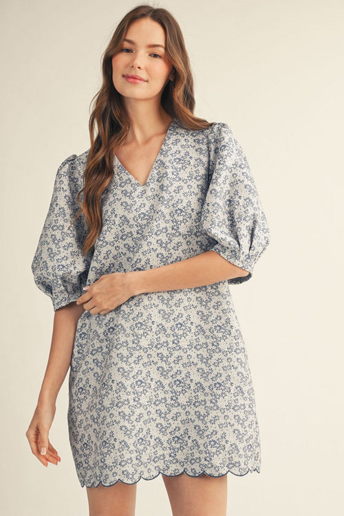 Blue Floral Scallop Trim Dress