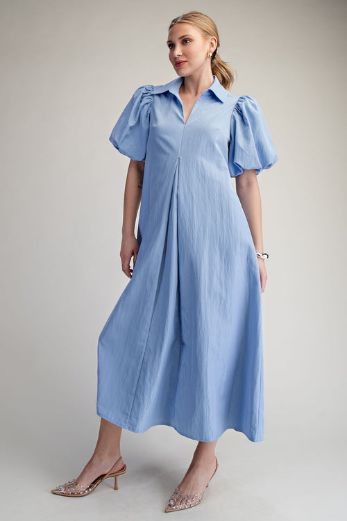 Blue Collared Puff Sleeve Dress