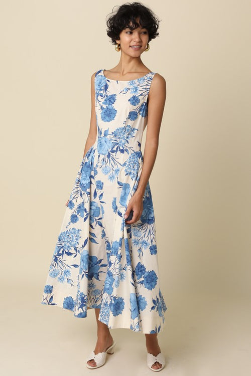 Ivory and Blue Floral Maxi Dress