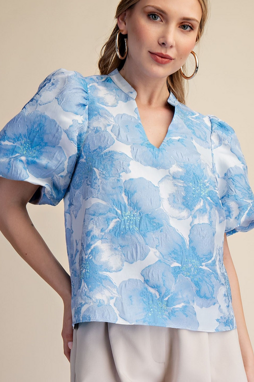 Blue Floral Puff Sleeve Top