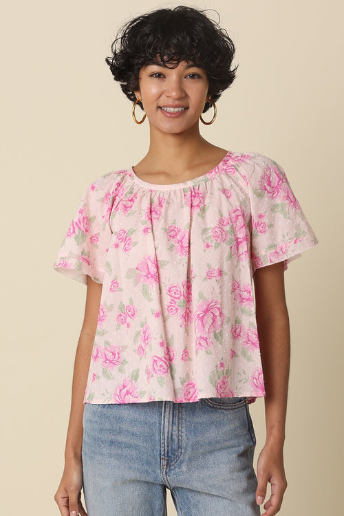 Pink Floral Flutter Sleeve Top