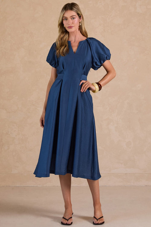 Puff Sleeve Tie Back Midi Dress