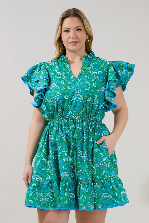 Curvy Green and Blue Ruffle Mini Dress