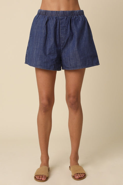 Denim Elastic Waist Wide Shorts