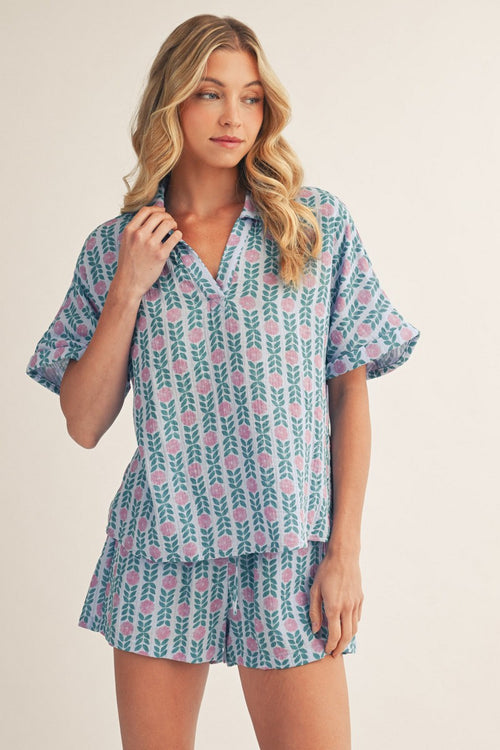 Blue Floral Shorts Set