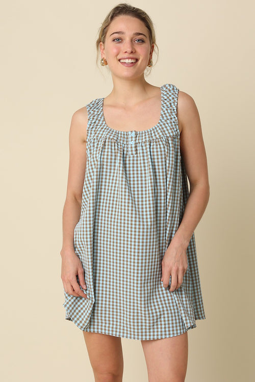 Blue and Brown Gingham Mini Dress