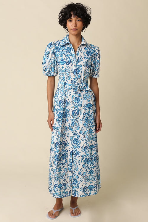 Blue and White Cotton Belted Midi Dress