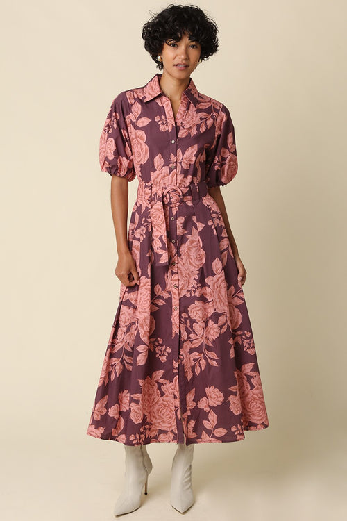 Wine Floral Belted Midi Dress