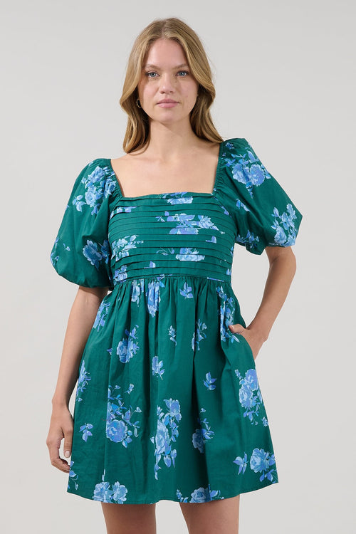 Green and Blue Floral Mini Dress