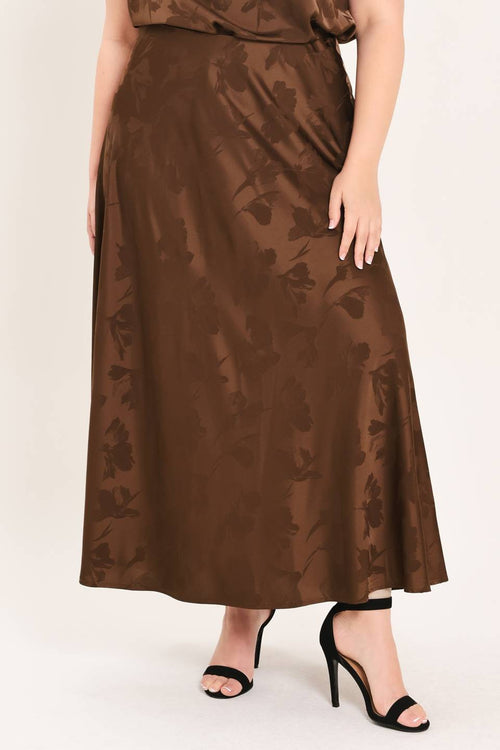 Brown Floral Silky Midi Skirt