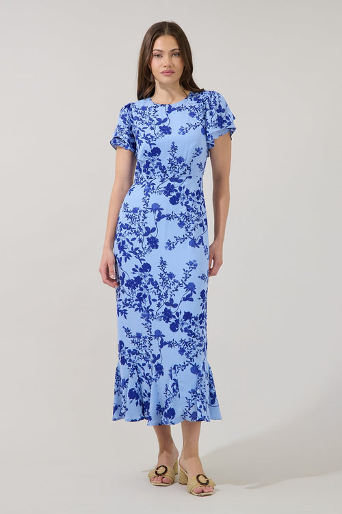 Blue Vine Print Midi Dress