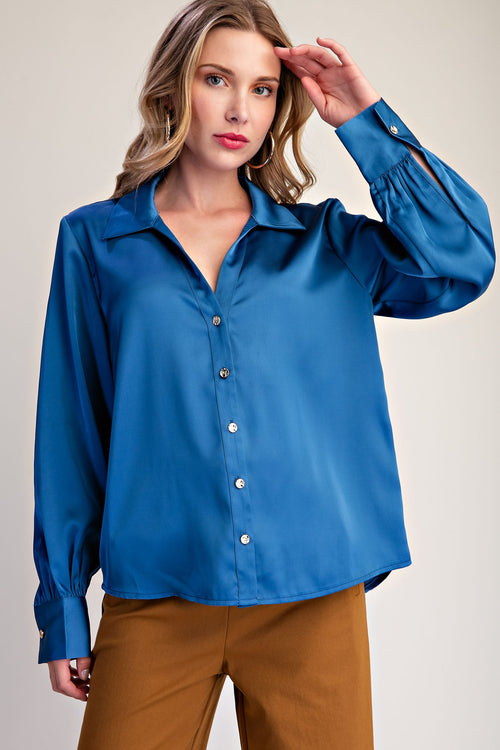 Silky Blue Button Down Top