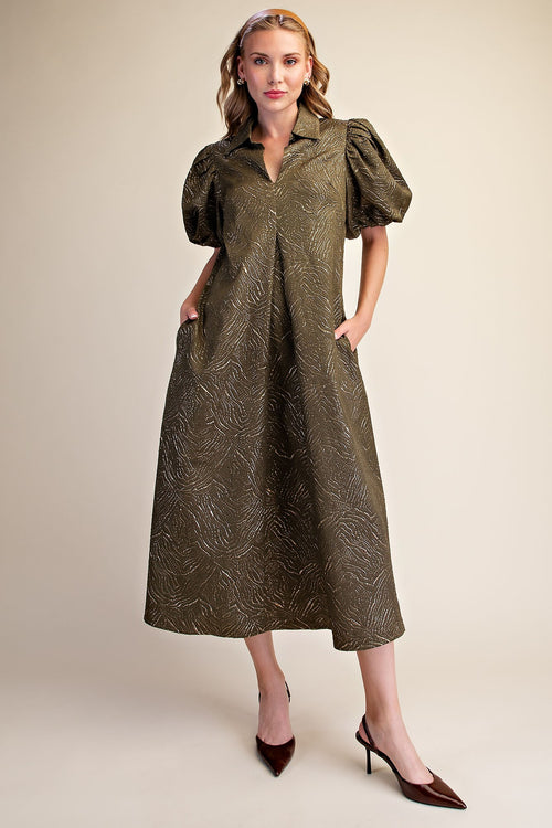 Olive Puff Sleeve Midi Dress