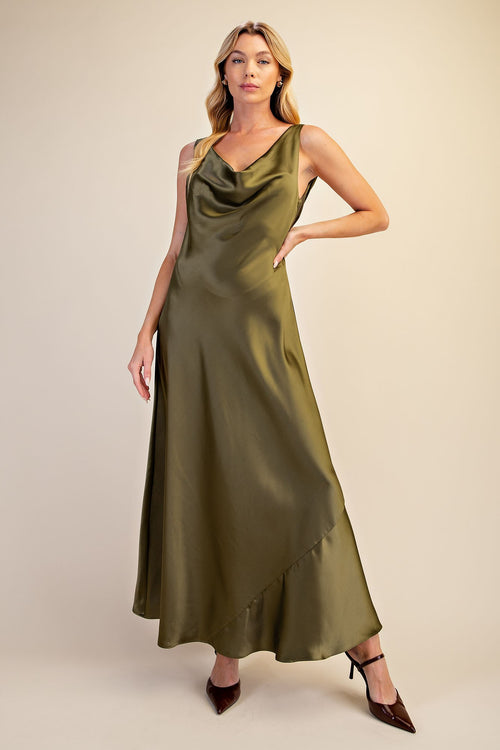 Olive Cowl Neck Satin Dress