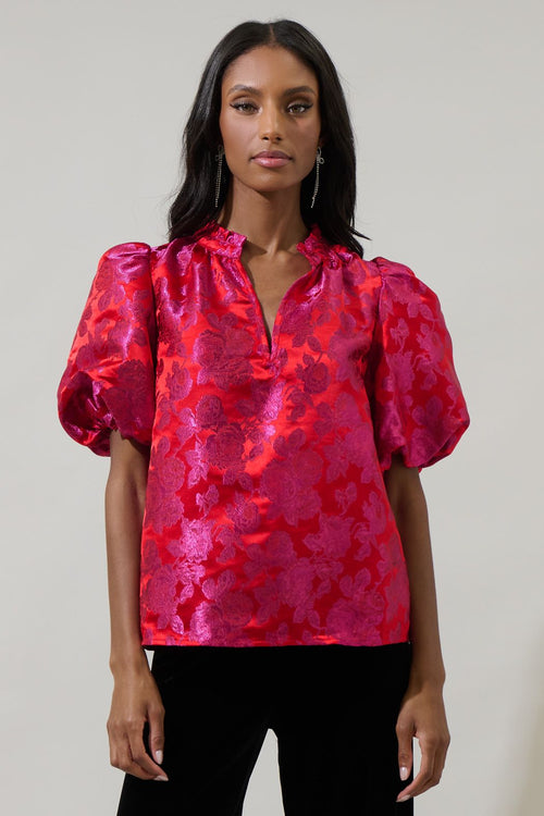 Red and Pink Floral Jacquard Top