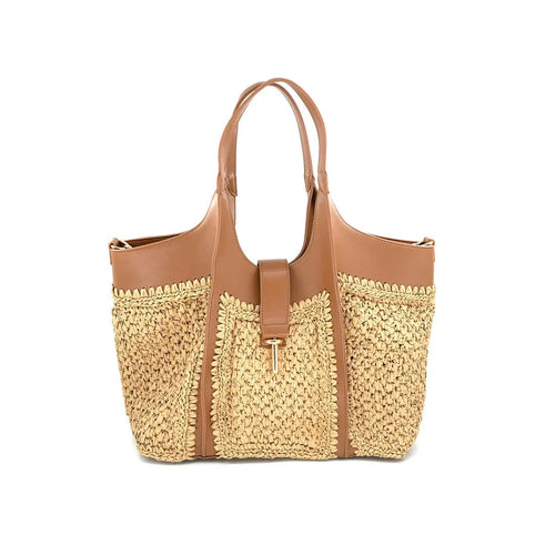 Tan Faux Leather and Raffia Tote