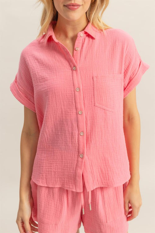 Gauze Short Sleeve Button Top