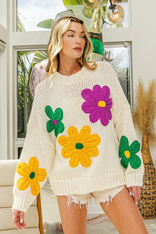 Mardi Gras Embroidered Flower Sweater