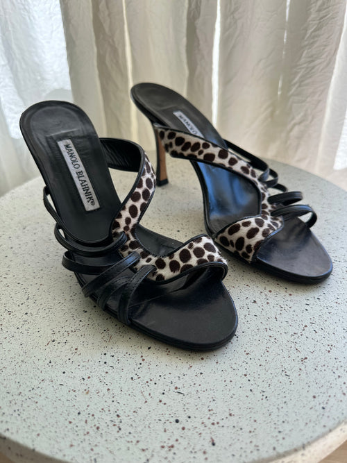 Black Leather Animal Print Pony Hair Heels