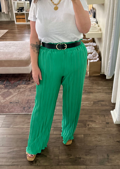 Curvy Green Crinkle Pleated Pants