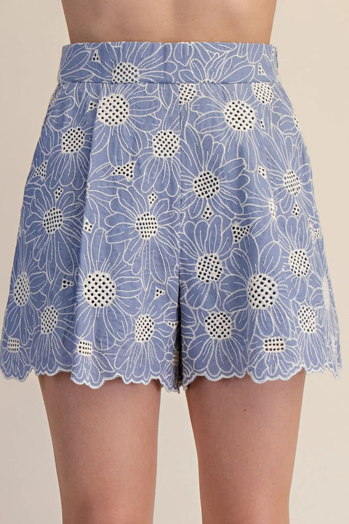 Light Blue Floral Crochet Shorts