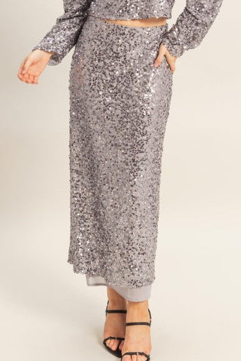 Silver Sequin Midi Skirt
